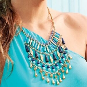 Stella & Dot Malta Bib Chandelier Necklace Gold Blue Turquoise Color Beads